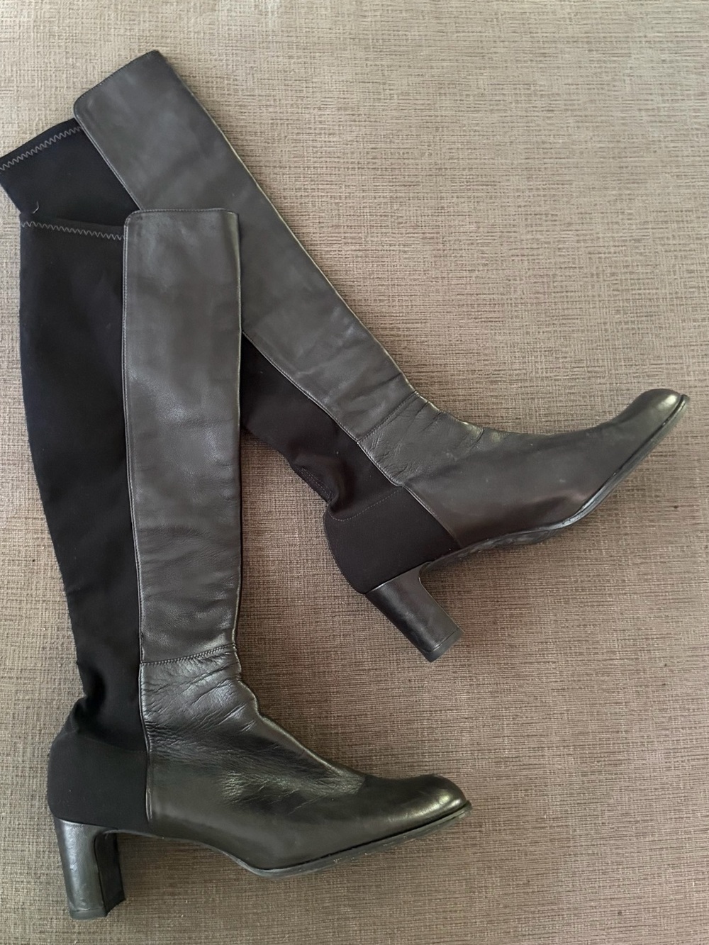 Stuart Weitzman 50/50 Black Leather Tall Stretch Knee High Block Heel Boot